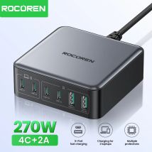 Rocoren 200W GaN cargador PD carga rápida USB tipo C cargador 270W 6 en 1 estación de energía USBC para iPhone 16 15 Pro Max Xiaomi 14