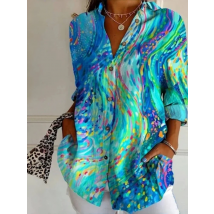 Revers Knopf Langarm Geometrisch Gedruckt Damen Hemd High Street Fashion Künstlerische Retro Stil Frühling Top