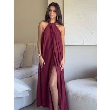 Elegant Halter Long Holiday Dress Women Loose Pleated Sleeveless Backless Slit Lace Up Party Dresses 2025 Summer Lady Beach Robe