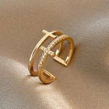 Trendy Gold Farbe Doppel Schicht Kreuz Ringe Für Frauen Shiny Zirkon Geometrische Offene Einstellbare Finger Ring Party Hochzeit Schmuck