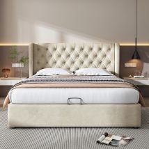 Polsterbett hydraulische 140x200cm, Doppelbett mit Lattenrost, Stauraum, Ohrenform, Knopfnähte, Samtstoff, beige, ohne Matratze