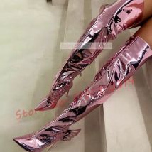 Rosa metallische Leder flügels tiefel Frauen Frühling glänzende spitze Zehen Oberschenkel High Heel Schuhe Damen sexy Luxus Trends Patent lange Stiefel