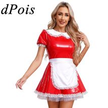 Frauen Maid Outfit Diener Cosplay Kostüm Süße Kawaii Cafe Magd Cosplay Uniform Schürze Maid Kleid Patent Leder Outfits