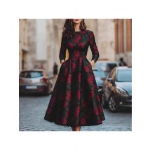 American Retro Floral Printed Dress for Women's Elegant Party Club Wedding Guest A-line Midi Dress Long Sleeve Round Neck Dress