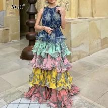VGH Bunte Druck Gespleißt Spitze Up Robe für Frauen Rundhals Ärmellose Hohe Taille Patchwork Rüschen Elegante Kleider Weibliche