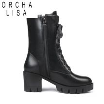 ORCHA LISA Stiefeletten für Damen, Plateauschuhe, Gummi, Schnürung, Schwarz, Herbst, klobige Stiefel, große Größe 46,