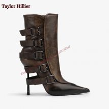 Brauner Leder-Stiefeletten mit Vintage-Effekt und Schnallen