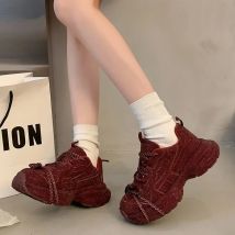 2025, Damen-Ins, Super Fire, Strass, voller Diamanten, Riemen, lässig, Burgunderrot, Nischendesign, hübsche Plateau-Turnschuhe, Papa-Schuhe