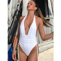 Sexy Badeanzug Frauen weiße Farbe einteilige Anzüge tiefe V-Ausschnitt Bade bekleidung Halfter Beach wear Verband Badeanzüge Push-up Badeanzüge