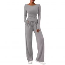 2025 Autumn Sportswear Casual Set Asymmetric Long Sleeve T-Shirt Wide Leg Pants 2 Pieces Set for Woman