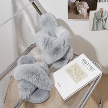 Feslishoet Fuzzy-Hausschuhe für Damen, Kreuzband, weicher Plüsch, gemütliche Hausschuhe, pelzig, offene Spitze, für drinnen und draußen, Slip, warme Anti-Rutsch-Sohle