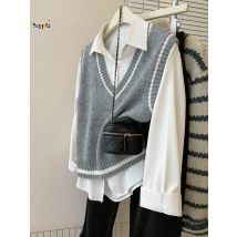 Damen Preppy V-Ausschnitt ärmellose Pullover Weste gestreift gestrickt lässig vielseitigMatchWhiteShirt FrühlingHerbstLooseFashionStrickwaren