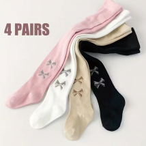 4 pairs tight girls' pants with elastic waistbands , featuring a cute butterfly knot design，baby girls ideal for outdoor play