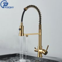 Gebürsteter Goldreiniger, Küchenarmatur, herunterziehbare gefilterte Wasserhähne, Doppelauslauf, Messingkran, Doppelgriff, heiß, kalt, Mischbatterie, Deckmontage