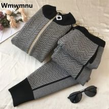 Koreanische Mode Hosen 2-teiliges Set Frauen Hälfte Rollkragen Gestrickte Jacke Conjunto Casual Frühling Herbst Jogger Pantalones Ensemble