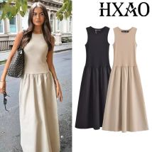 HXAO Khaki Elegante Lange Kleider 2025, frauen Frühling Ärmellose Schwarze Kleider Mode Lässig Party Y2k Kleid Vestidos Für Weibliche