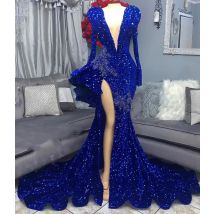 Royal Blue African American Prom Dresses sirena maniche lunghe paillettes perline Black Girls Nigeria Robe De Soiree abito da sera