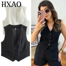 HXAO Damen Westen Crop Ärmellose Weste Frauen Elegante Schwarz Weiß Tops Für Frau V-ausschnitt Button Up Outer Mode Westen