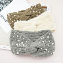 Pearl Headband Winter Ear Warmer Knitted Cross Headwrap Turban Wide Brim Headwear for Women Girls Fashion Hair Accessories