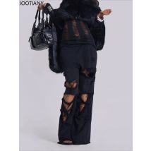 Schwarze Damen-Hose mit weitem Bein, Retro-Hip-Hop, einfarbig, Jogginghose, zerrissen, lockere Monster-Jogginghose, Streetwear, lässig
