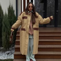 Mode Vintage Kontrast Trenchcoat Jacke für Frauen Herbst Winter Arbeitskleidung Volle Hülse Revers Lose Lange Mantel Oberbekleidung