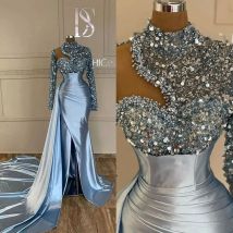 Abiti da sera a sirena con paillettes lucide abito da sera con collo alto e spalle scoperte abito africano con maniche laterali del treno personalizzato