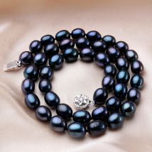 Dainashi 8–9 mm Reisform, schwarze Süßwasserperlen-Halsketten für Damen, 925er Sterlingsilber, Blumenschnalle, Halsketten, Schmuck, Geschenk