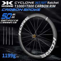 Juego de Ruedas de Carbono KORE - 50 mm - Llantas de Carbono T1000 36T/60T con Buje de Trinquete XDR/HG 700C Diseñado para un Rendimiento Ultraligero en Carreras de Carretera