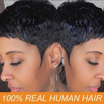 Natürliche schwarze Farbe, kurze geschichtete Perücke, voll maschinell hergestellt, Remy-Perücke für Frauen, 10,2 cm, Pixie-Wellen-Echthaar-Perücke, natürlich, realistisch
