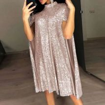 Elegante Feste Pailletten Kleid Für Frauen Mode Halb Hohen Kragen Lose Pullover Kleider Frühling Sommer Dame Neue Party Stil