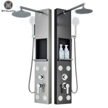 Pannello doccia nero con portaoggetti Set di rubinetti per doccia a pioggia SPA Massaggio per vasca da bagno Colonna per doccia Miscelatore a doppia maniglia Torre