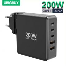 Ubigbuy-cargador de pared USB C de 200W, estación de carga rápida GaN II de 5 puertos, adaptador de corriente PPS PD de 100W y 65W para portátiles, tabletas y teléfonos inteligentes