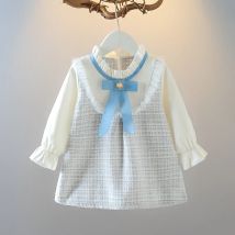 Kinderkleid Mädchen koreanische Version Frühling und Herbst langärmeliges Patchwork-Schleifenkleid Baby 1-5Y Prinzessinnenkleid