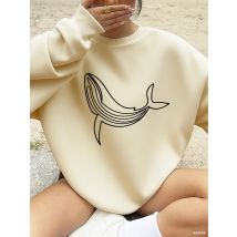 Buckelwal Druck Sweatshirts Frauen Winter Fleece Warme Hoodies Crewneck Lose Pullover Grundlagen Bequeme Damen Kleidung