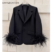 Prominente Temperament Straußen Haar Spleißen Lange ärmeln Lose Dünne Blazer Frauen Pendler Stil Mode Schwarz Anzug Kragen Jacke