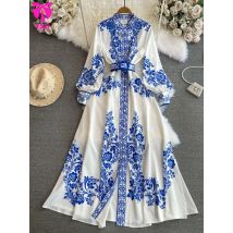 2024 mode Gedruckt Gedruckt Hemd Robe Tank Top Weiß Schwarz Lange frauen Kleid Elegante Retro Abendkleid Frauen