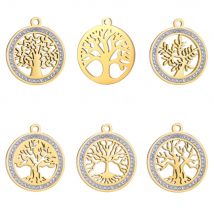 EUEAVAN 5 stücke Baum des Lebens Edelstahl Charms Zirkon Runde Anhänger DIY Halskette Ohrringe Schmuck Machen Liefert Großhandel