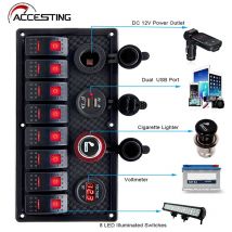 Interruttore a bilanciere a 8 gruppi Interruttore automatico Voltmetro protetto da sovraccarico 12V 24V DC Porta caricatore USB RV Auto Barca Marine LED blu