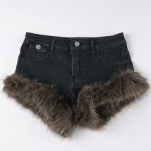 2026 New Retro Fluffy Splicing Denim Shorts Spice Girl Warm Fashion Low Waist Hip Hot Pants Women