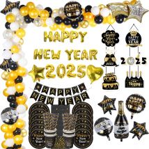 2025, frohes neues Jahr, Dekoration, Gold, Schwarz, Einweggeschirr-Set, Banner, Luftballons, Silvester, Party, Fotokabine, Requisiten, Zubehör