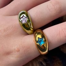 Anelli a forma di stella paffuta color oro 18 carati impermeabili per le donne Elegante anello da dito con cupola in zircone rosa in acciaio inossidabile Femme Bijoux Anelli