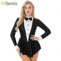 Vestito da pattinaggio di figura per adolescenti Vestito da donna per adulti a maniche lunghe con papillon Tuxedo con gonna da ginnastica Body moderno Jazz Costume da ballo latino