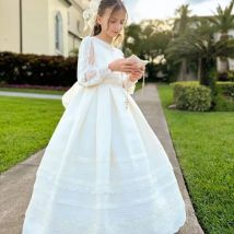 Elfenbein Satin Blumen mädchen Kleid elegante O-Ausschnitt Spitze Bogen Kind Hochzeits feier Kinder Geburtstag Prinzessin Erstkommunion Kleider