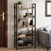 YITAHOME Libreria industriale a 5 livelli in rovere - Scaffale alto e stretto in legno e acciaio con 4 ganci per soggiorno/ufficio
