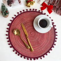 1/6/10PCS Round Braided Red Placemats with Pompom Dining Tables Woven Cute Table Mats Coffee Pads Christmas Kitchen Accessories