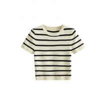 Frauen Mode Gestreiften Grundlegende Abgeschnitten Stricken Pullover Vintage O Hals Kurzarm Weibliche Pullover Chic Tops