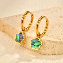 Stainless Steel Hoop Earrings for Women, Colorful Nature Shell Lucky Flowers Pendant Small Huggie Earring Piercing Jewelry