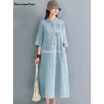 2025 chinese dress cheongsam women long qipao dress modern cotton linen cheongsam dress half sleeve embroidery cheongsam dress