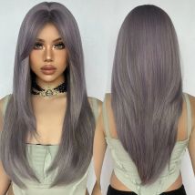 Mode lila lange gerade synthetische Perücke mit Vorhang Pony Cosplay Perücke für Frauen Party täglich Halloween hitze beständig