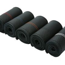 38 cm geflochtener Lenkradbezug, weiches, genarbtes Rindsleder, handgenäht, schwarz, mit doppelten Kontrastnähten